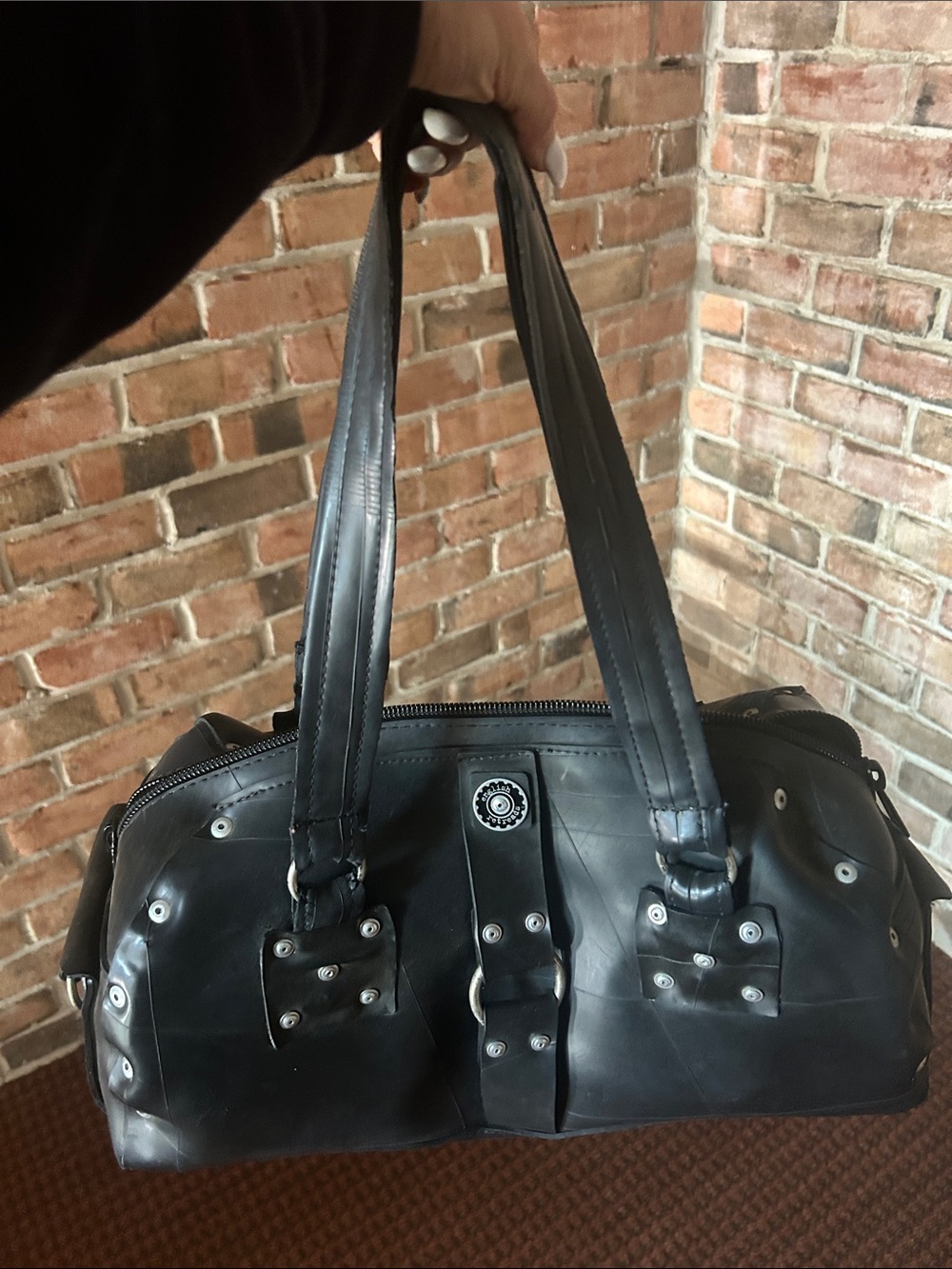 Black Men's Leather-Style Duffel Bag with Rivet Accents